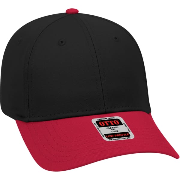 A black and red 6-panel baseball cap featuring a logo on the front and a low-profile design.
