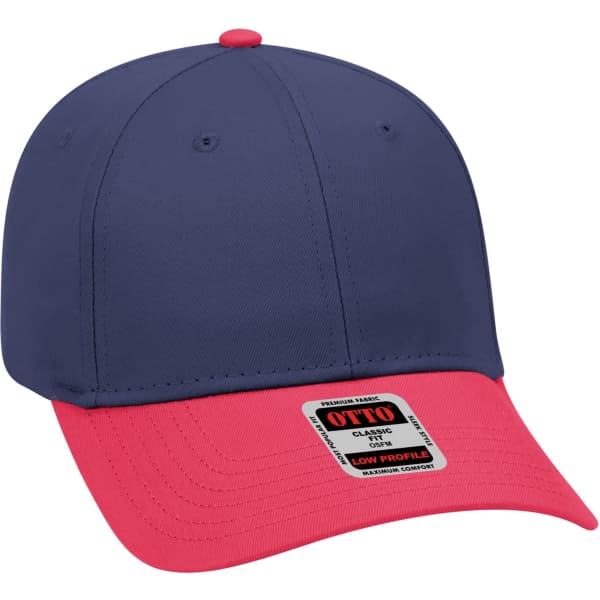 A navy blue and red 6-panel baseball cap with a low-profile design and a logo patch.