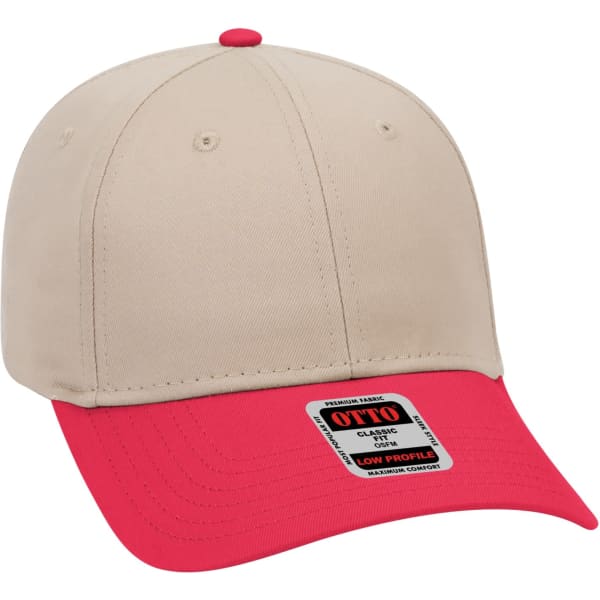 A 6-panel baseball cap featuring a beige crown and a red peak, with a logo on the front.