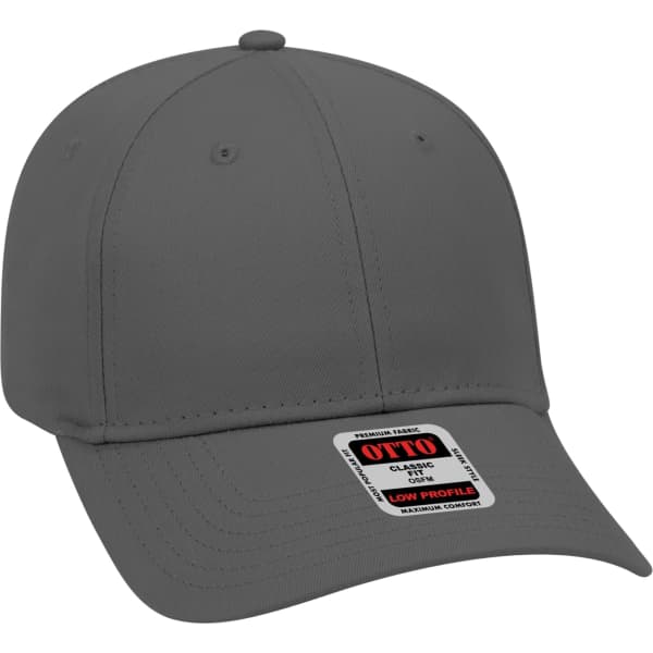 A grey 6-panel baseball cap with a low-profile design and a branding tag.