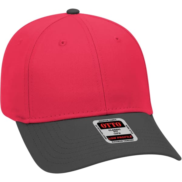 A 6 panel baseball cap featuring a red crown and a black brim, with a logo on the front.