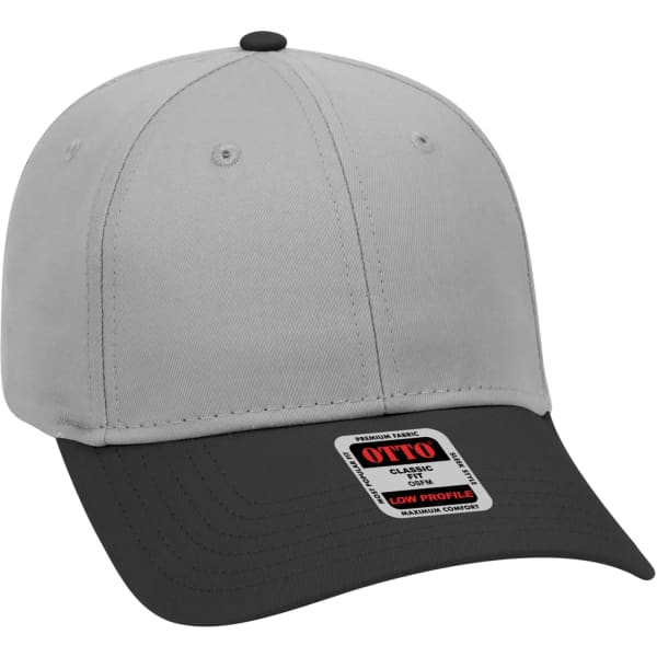 A grey and black 6 panel baseball cap featuring a logo on the front. Suitable for casual wear.