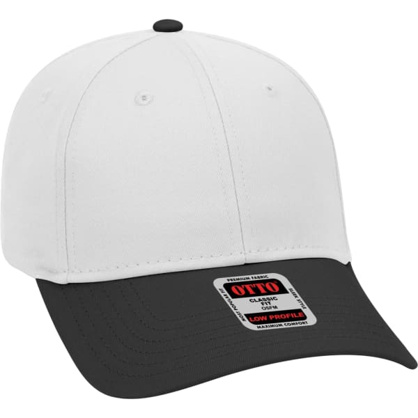 A black and white six-panel baseball cap with a curved brim and a logo on the front.
