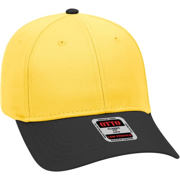 A yellow and black 6 panel baseball cap featuring a low-profile design and a logo on the front.