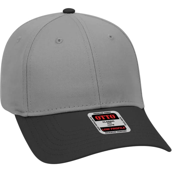 A low-profile six-panel baseball cap in grey with a black brim and a logo on the front.
