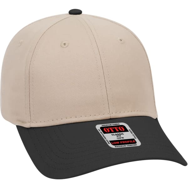 A six-panel baseball cap in beige and black, featuring a low-profile design and a logo on the front.