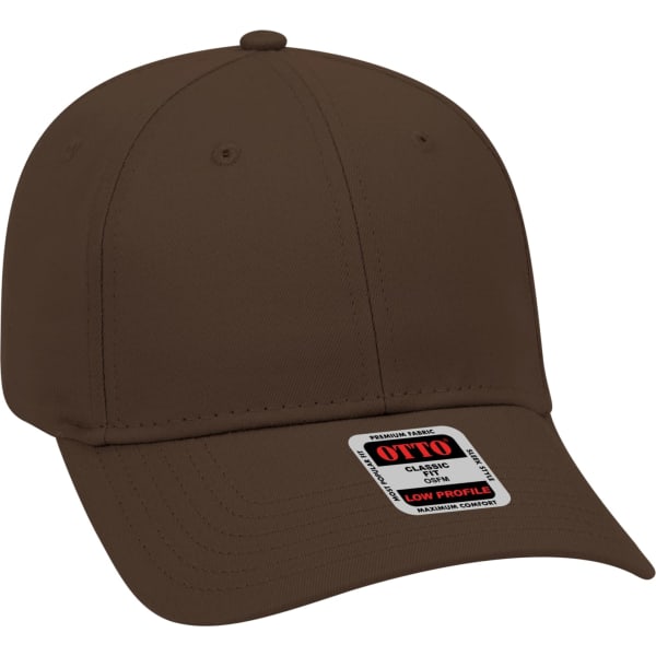 A brown six-panel baseball cap featuring a low-profile design and a logo on the side.