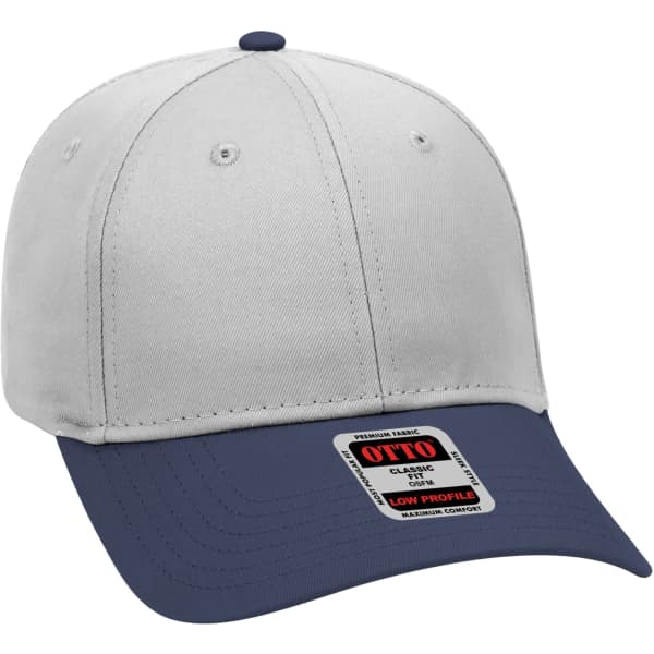 A six-panel baseball cap featuring a grey crown and navy blue brim, with a logo on the front.