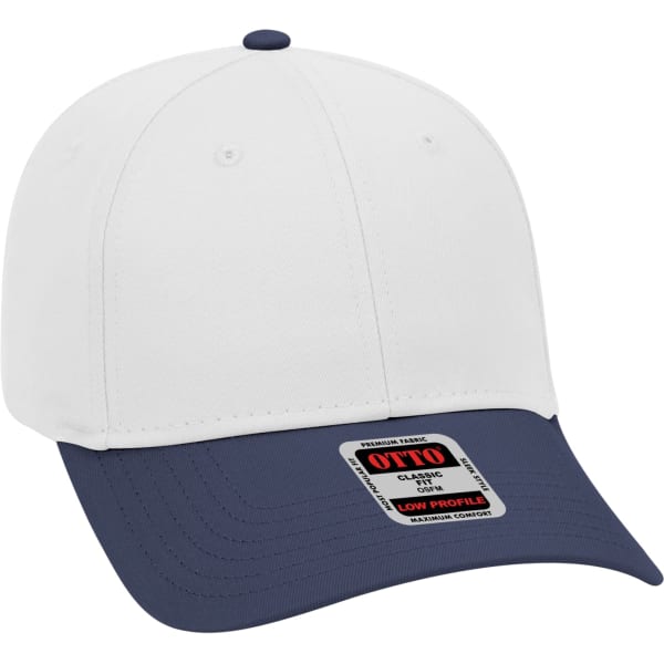 A 6-panel baseball cap featuring a white crown and a navy peak, with a logo on the front.