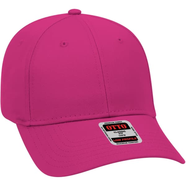 A pink 6-panel baseball cap with a low profile design and a logo on the front.