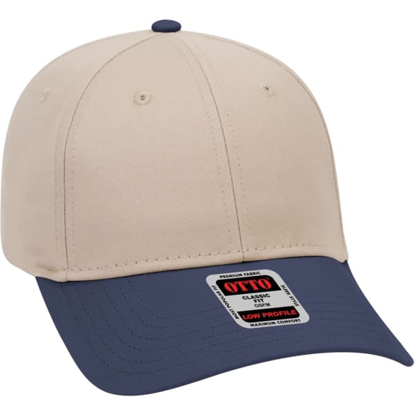 A beige and navy 6-panel baseball cap featuring a low-profile design and a logo on the front.