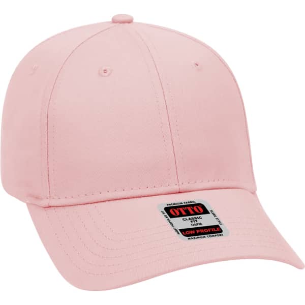 A pink 6 panel baseball cap with a low profile design, featuring a branding label.