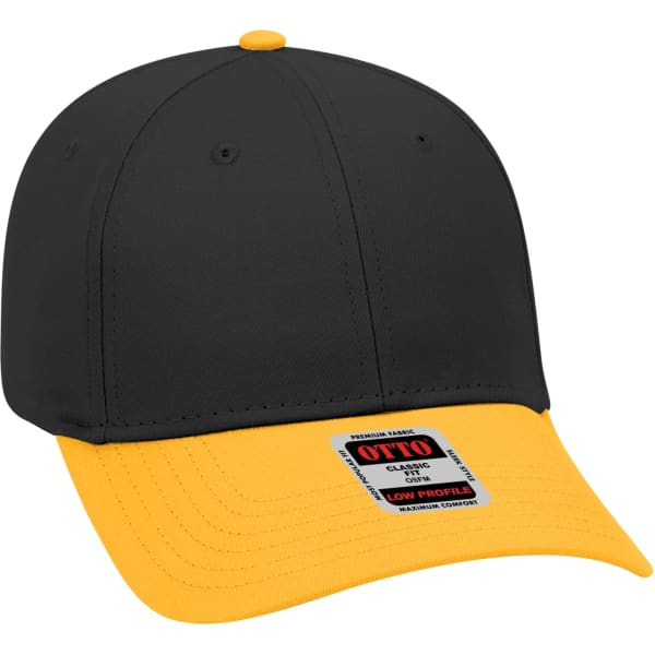 A black and yellow six-panel baseball cap with a low-profile design and a logo tag.