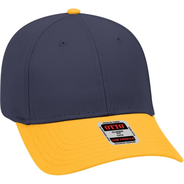 A 6-panel baseball cap featuring a navy blue body and a yellow brim, with a logo on the front.