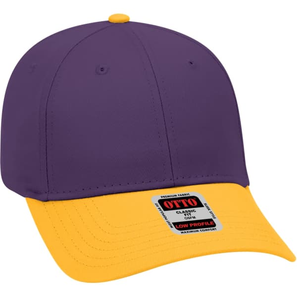 A six-panel baseball cap in purple with a yellow brim, featuring a logo on the front.