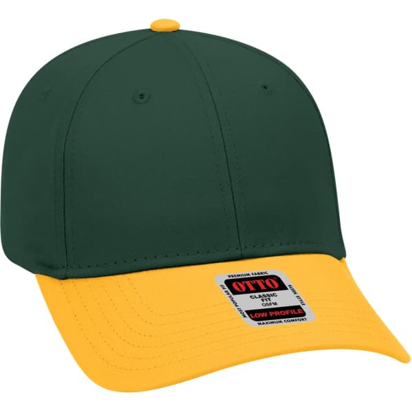A green and yellow 6-panel baseball cap with a low profile and a logo on the front.