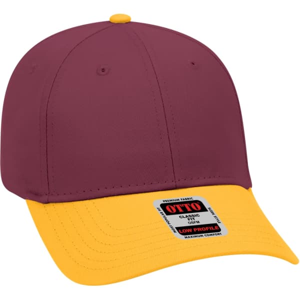 A 6 panel baseball cap in maroon with a yellow brim, featuring a logo on the front.