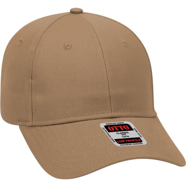 A khaki 6 panel baseball cap featuring a low profile design and a logo on the side.
