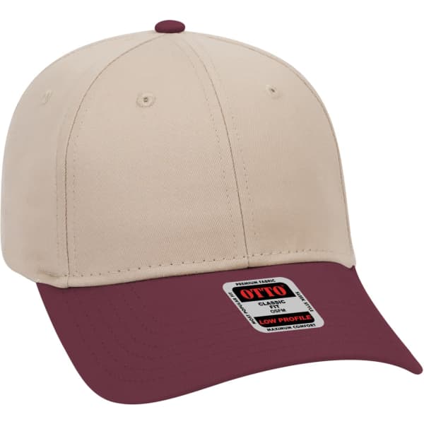 A beige and maroon 6 panel baseball cap featuring a low-profile design and a logo on the front.