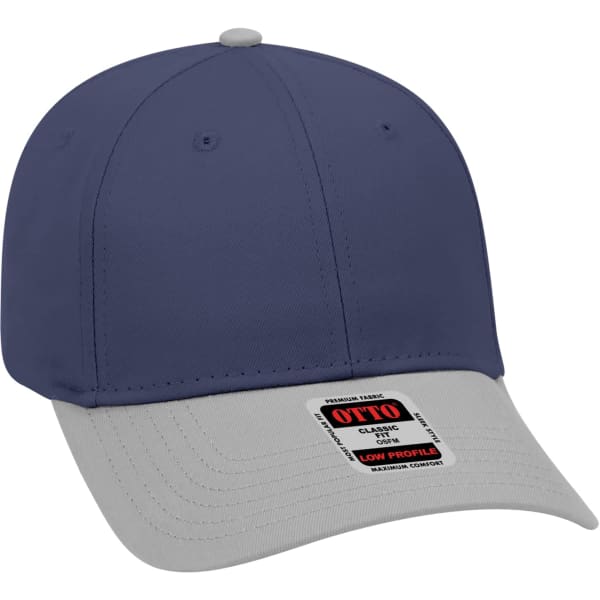 A 6 panel baseball cap in navy blue with a grey peak, featuring a logo on the front label.