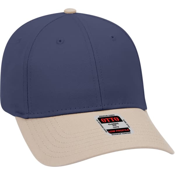 A low-profile six-panel baseball cap in navy blue with a beige peak and a small logo on the side.