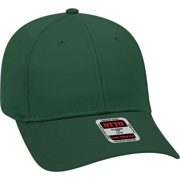 A green six-panel baseball cap with a low-profile design and a logo on the front.