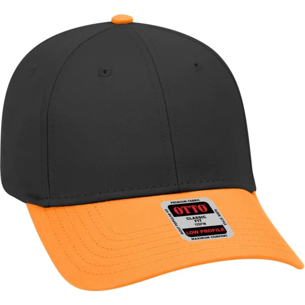 A six-panel baseball cap featuring a black crown and an orange peak, with a logo on the side.
