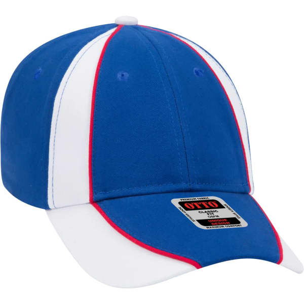 A blue and white six-panel baseball cap with red accents and a logo on the front.