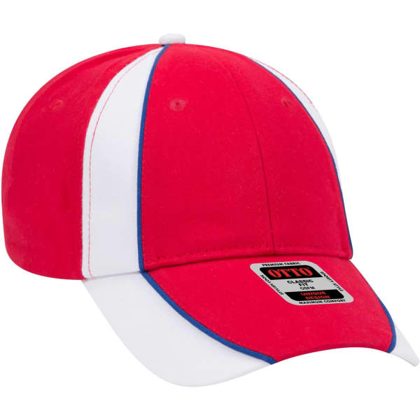 A red and white 6-panel baseball cap with contrasting blue stitching and a logo on the side.
