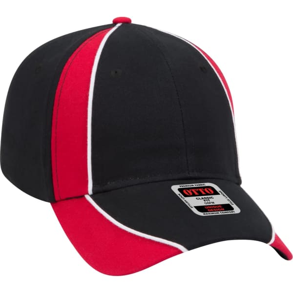 A black and red 6 panel baseball cap featuring contrasting stitching and a branded tag.