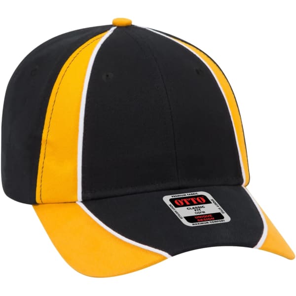 A black and yellow 6-panel baseball cap featuring contrasting stripes and a logo on the front.