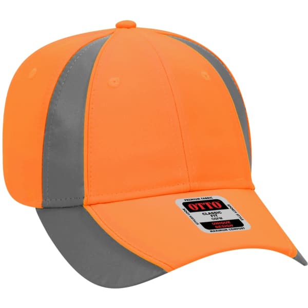 A bright orange and grey 6-panel baseball cap with a branded logo on the front.