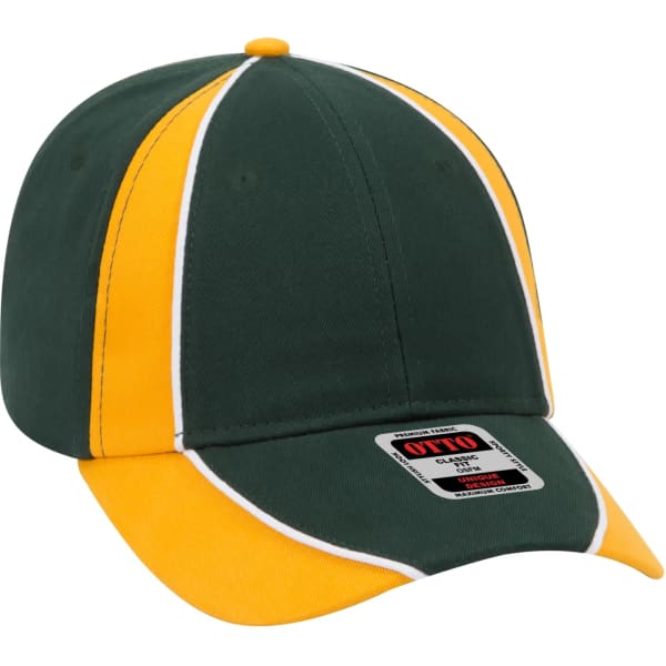 A six-panel baseball cap in green and yellow with a branded tag.