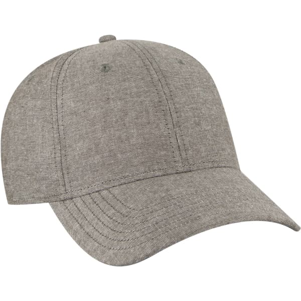 A grey 6-panel baseball cap featuring a curved brim and a fitted design. It includes a logo on the side.