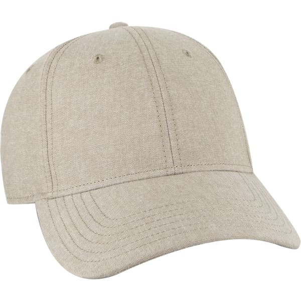 A beige six-panel baseball cap featuring a curved brim and a logo on the front.