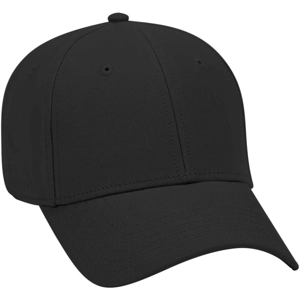 A black 6-panel baseball cap featuring a rounded crown and a curved brim, with a logo on the front.