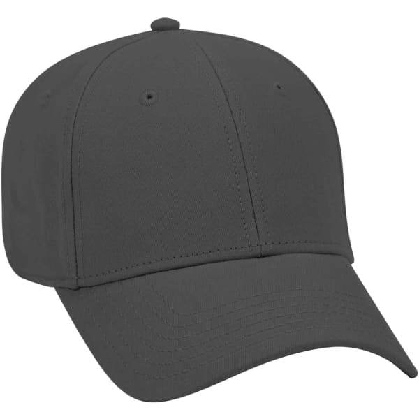 A grey 6-panel baseball cap with a curved brim and an adjustable strap at the back. It features a logo.