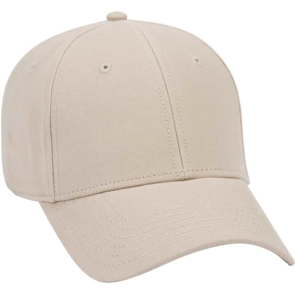 A beige 6-panel baseball cap with a curved brim and a logo on the front.