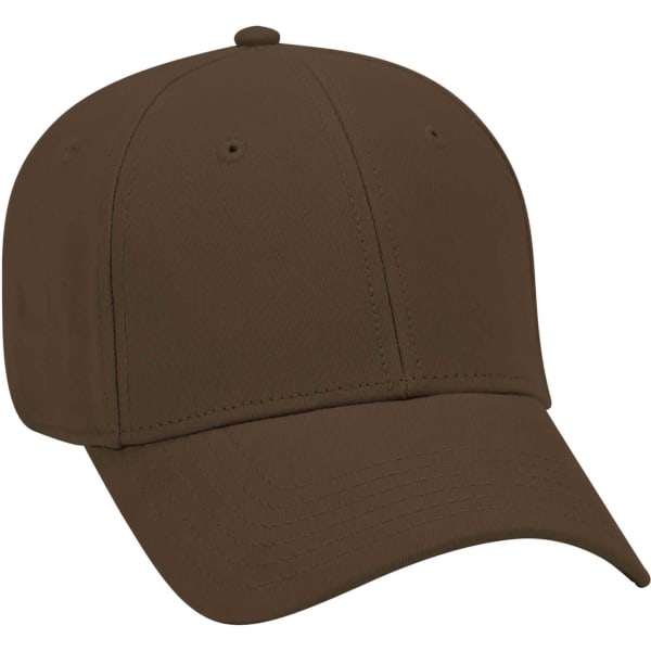 A brown 6-panel baseball cap featuring a rounded crown and a curved brim, with an unadorned design.