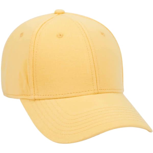 A yellow 6-panel baseball cap featuring a structured design and a curved brim, complete with a logo.