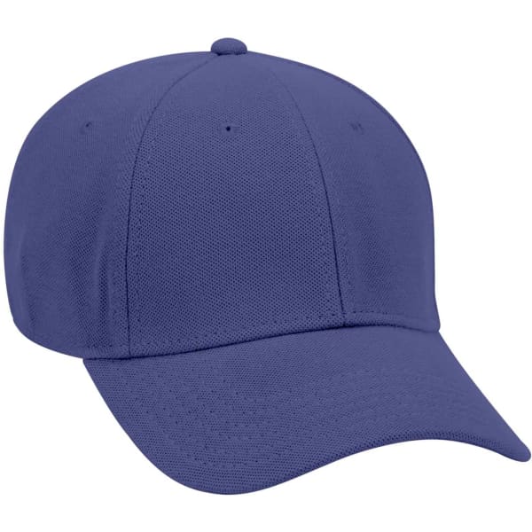 A six-panel baseball cap in navy blue, featuring ventilation holes and a curved brim. It has a branding logo.