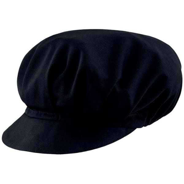 A navy blue cap with a round, structured design and a short brim. It features a gathered fabric style and a logo.