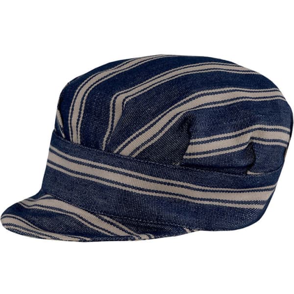 A blue and cream striped hat with a rounded crown and a short brim. The hat features a logo on its side.