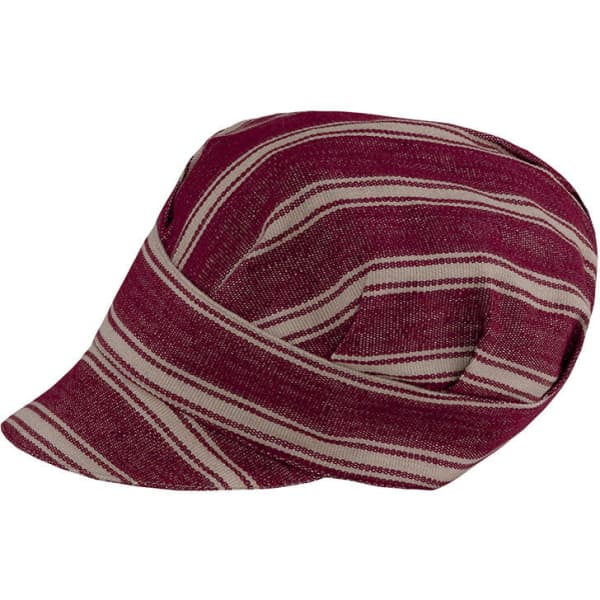 A maroon and cream striped hat with a unique design and a logo.