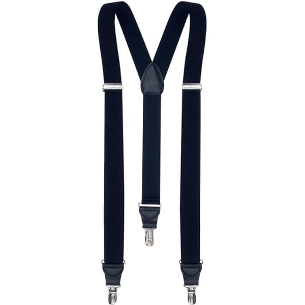 A pair of navy blue braces with silver clips and a leather-like centre connector.