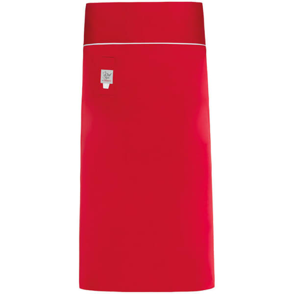 A red apron featuring a branded logo at the top. The design is sleek and modern with a contrasting waistband.