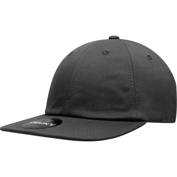 A flat bill cap in dark grey with a rounded crown and a flat brim. It features a logo on the side.