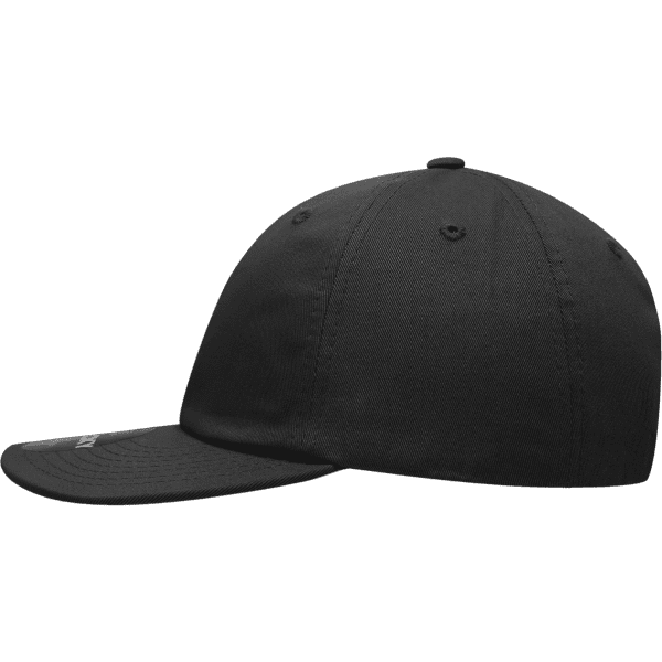 A relaxed flat bill cap in solid black, featuring a curved peak and a fitted design. It includes a logo on the side.