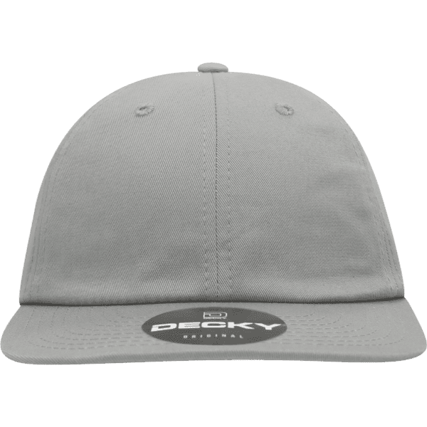 A grey flat bill cap featuring a logo on the front and a smooth fabric design.