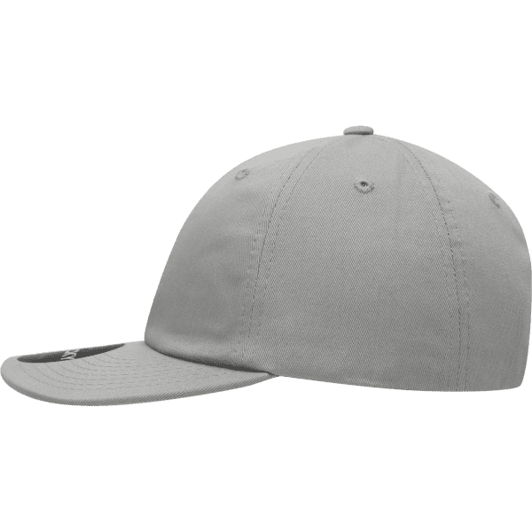 A grey relaxed flat bill cap with a rounded top and a flat visor. It features a logo on the side.